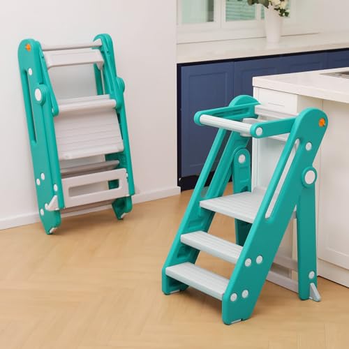 Foldable Adjustable Toddler Kitchen Stool with Handles Non-Slip Blue Grey M8891