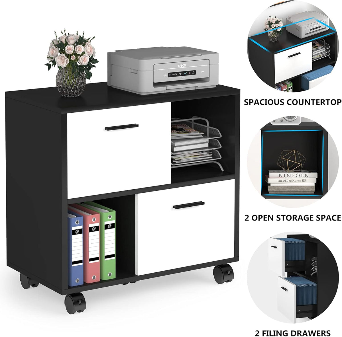 2 Drawer Wood File Cabinet with Wheels D346825