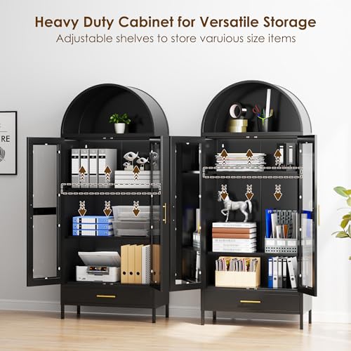 Black Metal Arched Storage Display Cabinet with Drawer and Glass Doors X53169