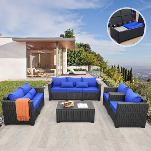 5 Pieces Patio Furniture Set with Coffee Table and Blue Cushions K780