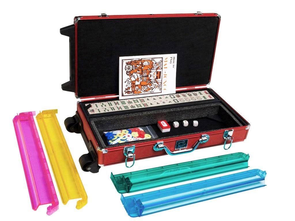 White Swan mAh Jongg - Ivory Tiles - Modern Pusher Arms - Wheeled Aluminum Case - Red R329966