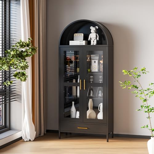 Black Metal Arched Storage Display Cabinet with Drawer and Glass Doors X53169