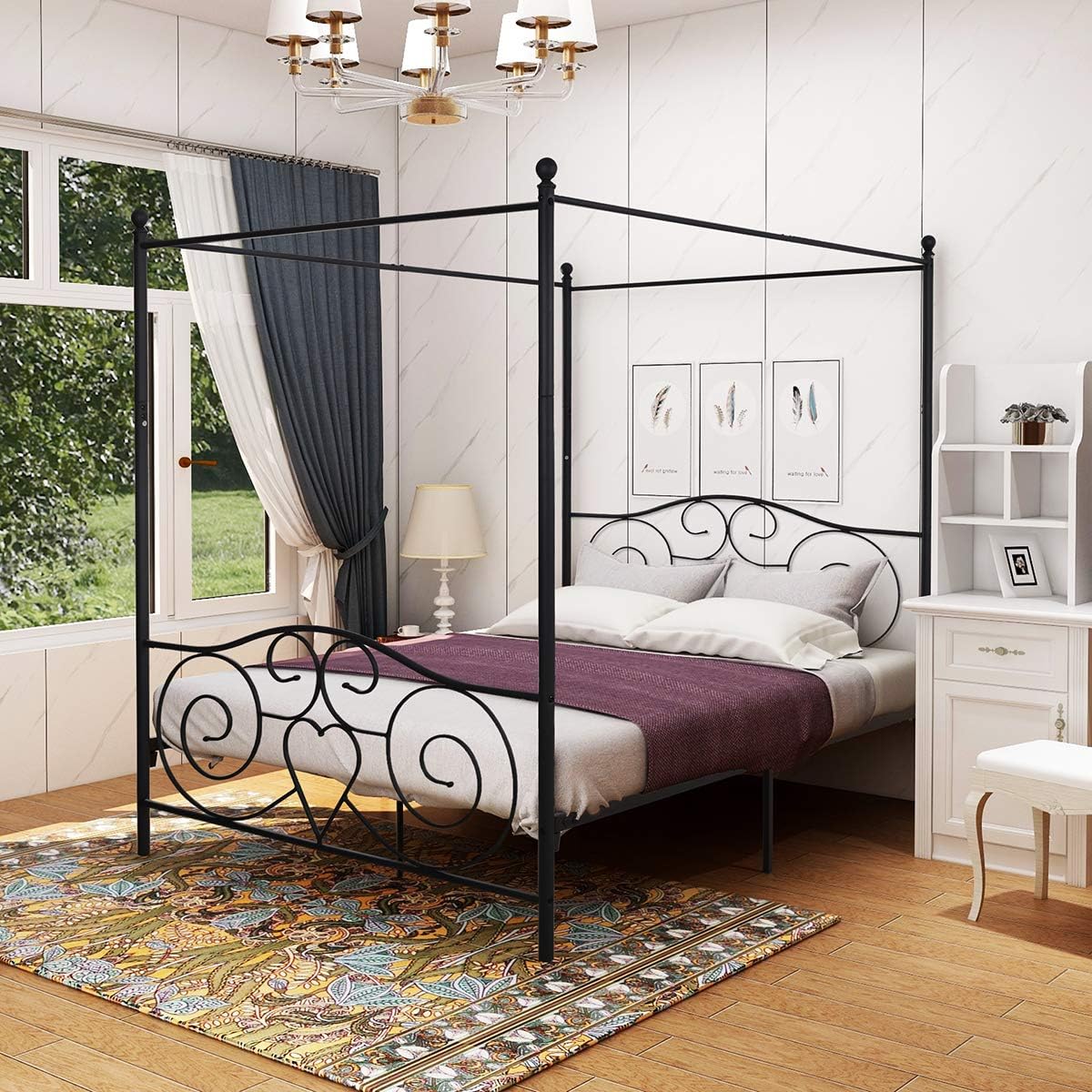 Queen Size Black Metal Canopy Bed Frame with Headboard and Footboard G536