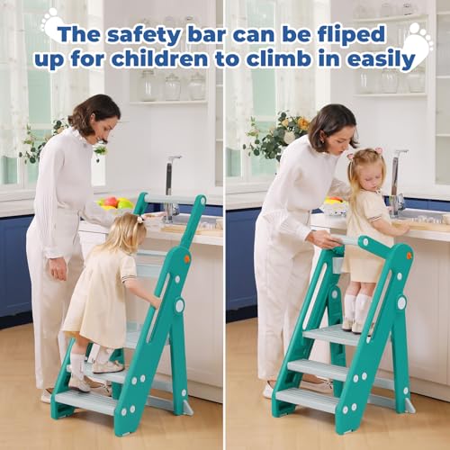 Foldable Adjustable Toddler Kitchen Stool with Handles Non-Slip Blue Grey M8891