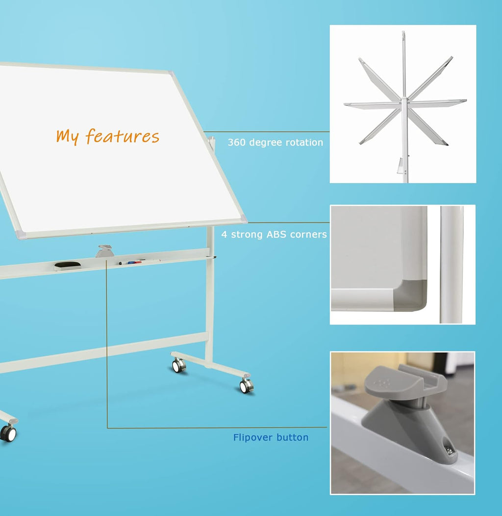 Mobile Double Sided Whiteboard 36 x 71 Inches with Aluminum White Frame P4292