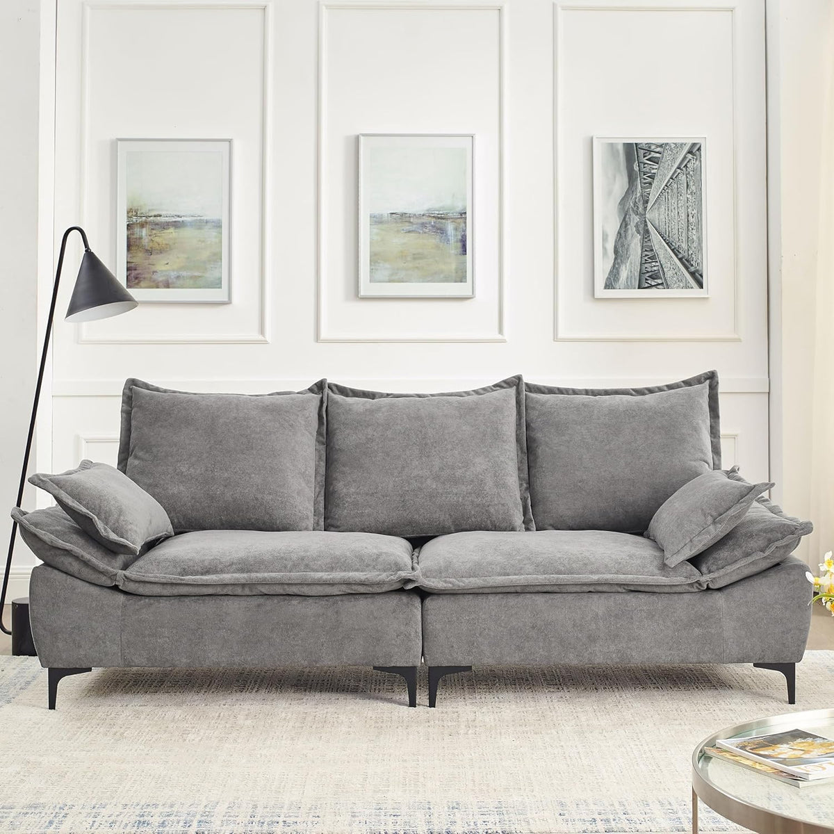 Grey Dutch Velvet 3-Seater Sofa with 2 Pillows E87105