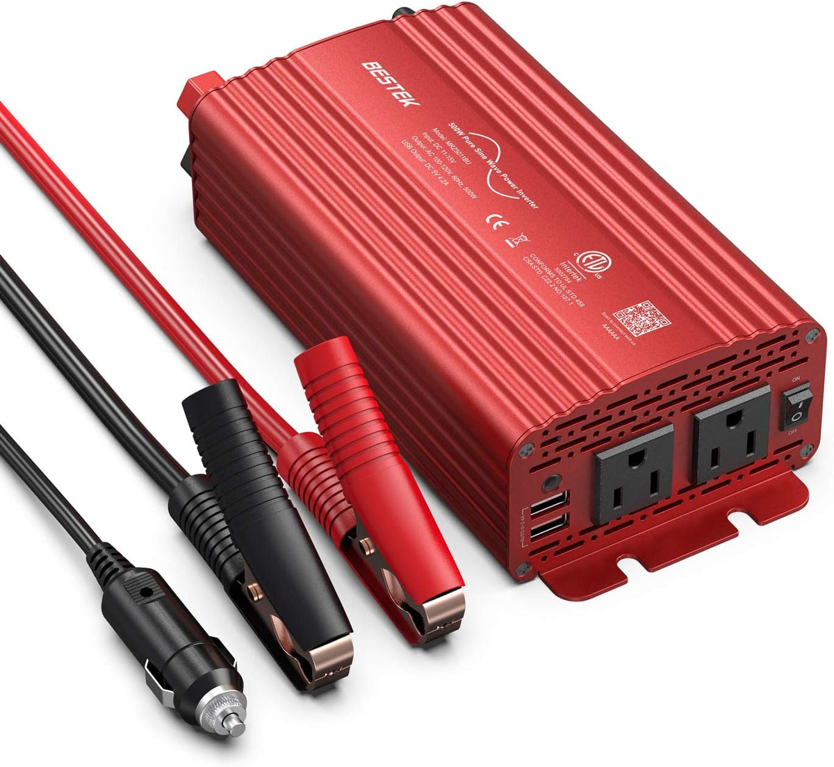 500W Pure Sine Wave Power Inverter DC 12V to 110V AC with Dual USB Charging Ports and 2 AC Outlets, Grey, Pack of 2 T5252