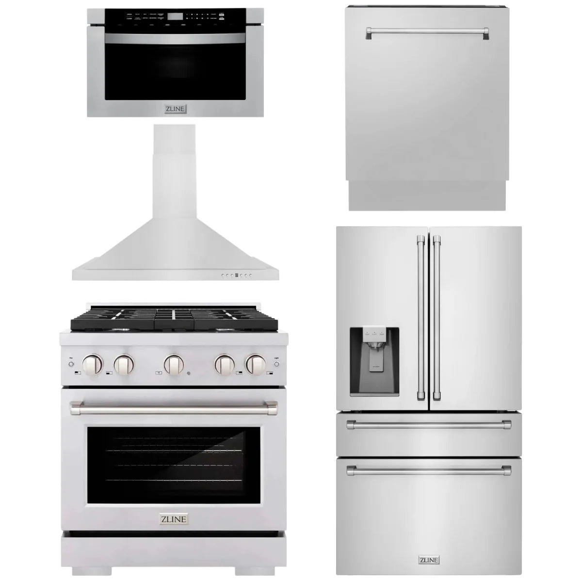 30 Gas Range, Range Hood, Microwave, Refrigerator, Dishwasher in Stainless Steel L9986