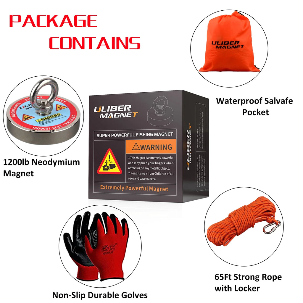 Magnet Fishing Kit 1200LB Dia.3.81in Neodymium Magnet N52 with 20 Meters Rope C1960