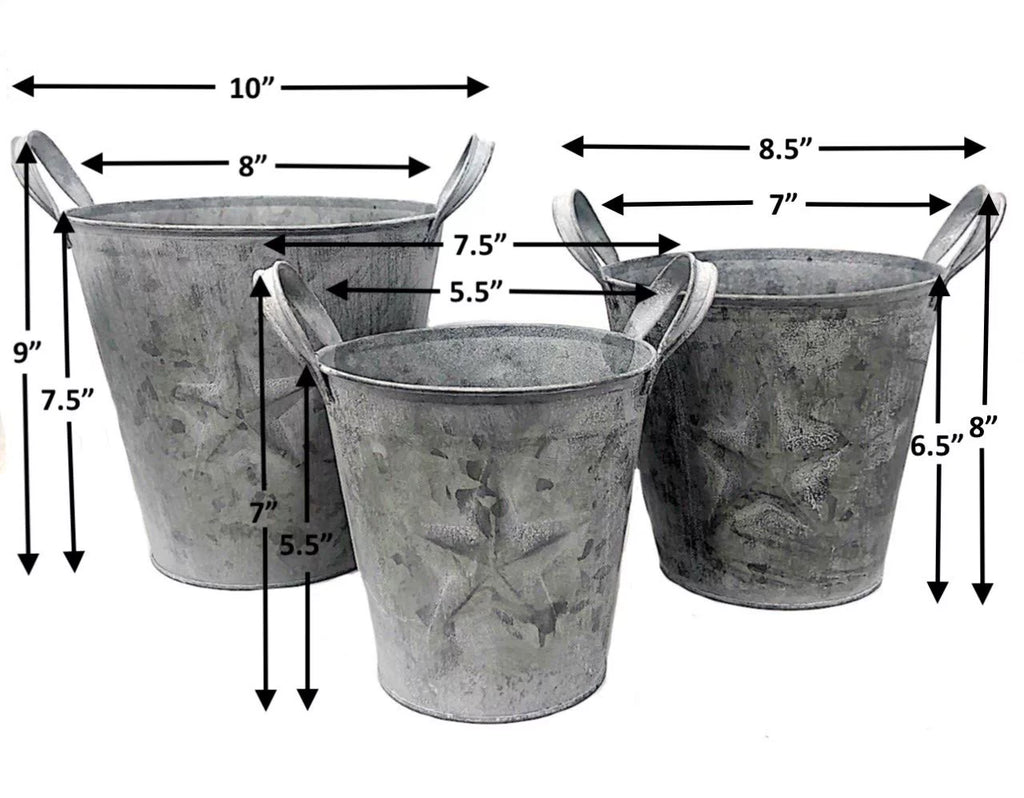 3 Metal Buckets Planters With Handles Tarnished Silver Decorative Distressed Rustic E76785