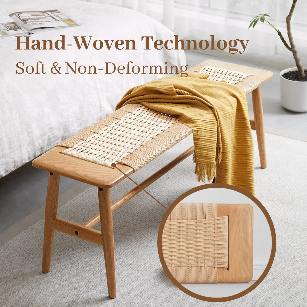 32" Oak Solid Wood Rope Woven Bench G840833