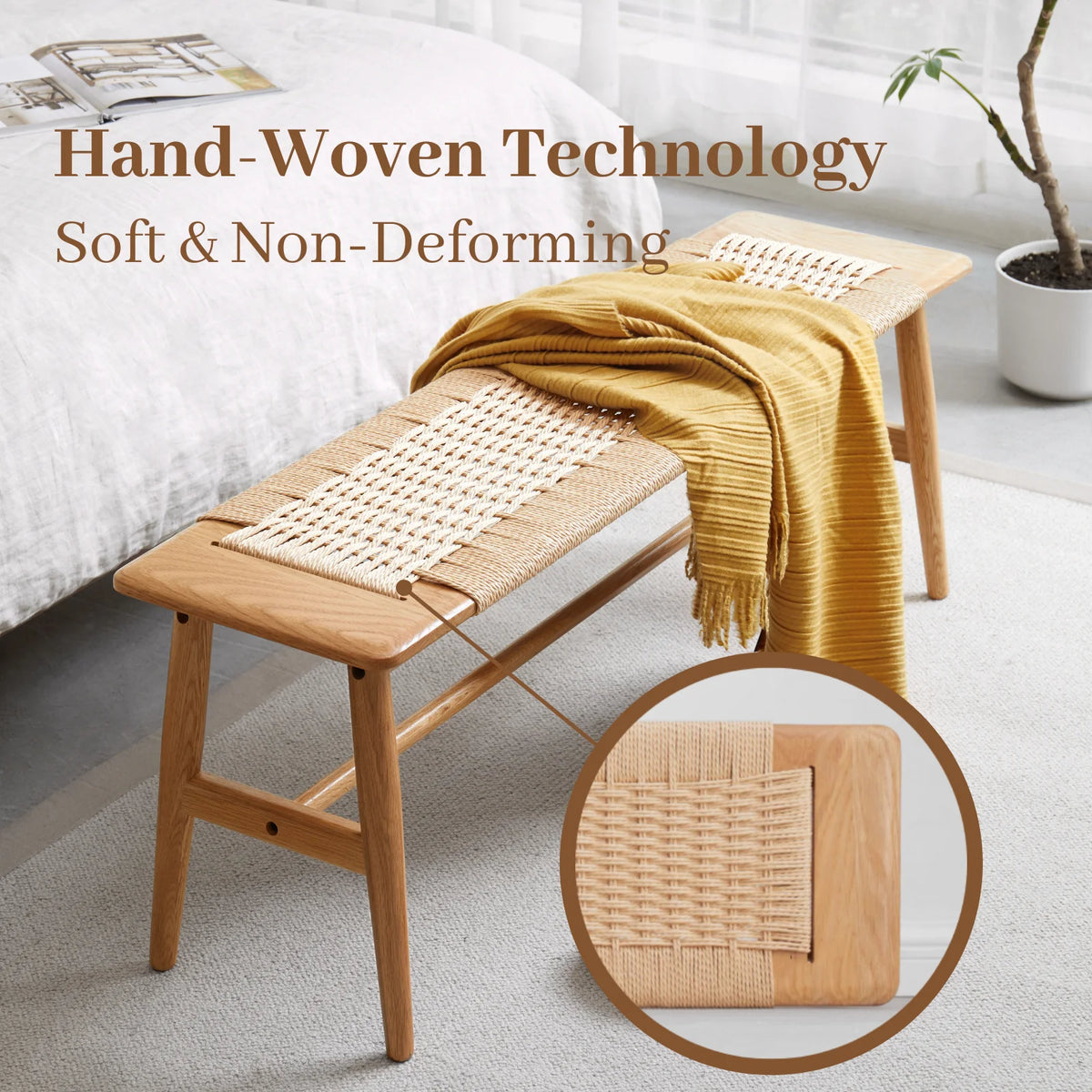 32" Oak Solid Wood Rope Woven Bench G840833