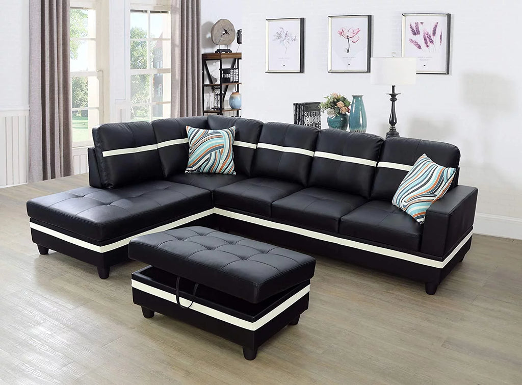 Black & White Faux Leather Sectional with Ottoman F30777