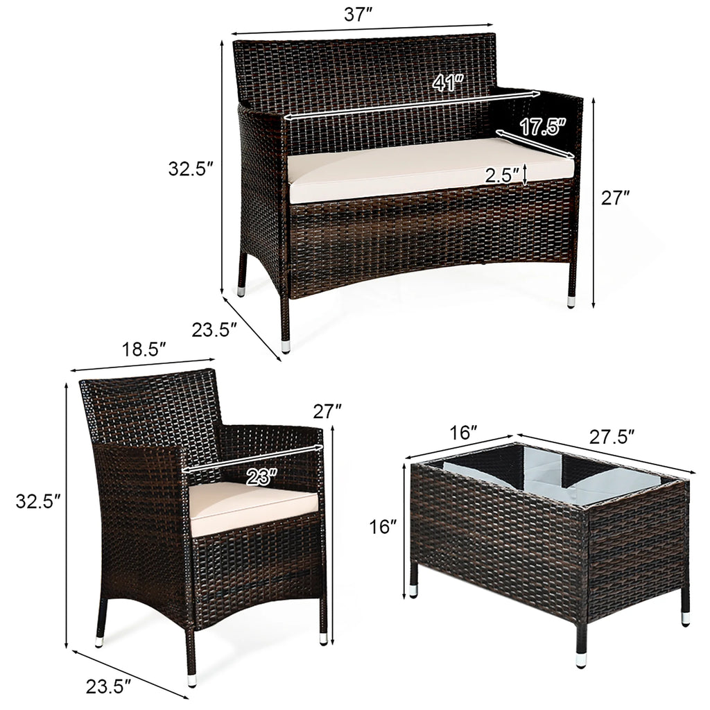 4 Pc Patio Rattan Conversation Furniture Set with Gray Cushion G8496