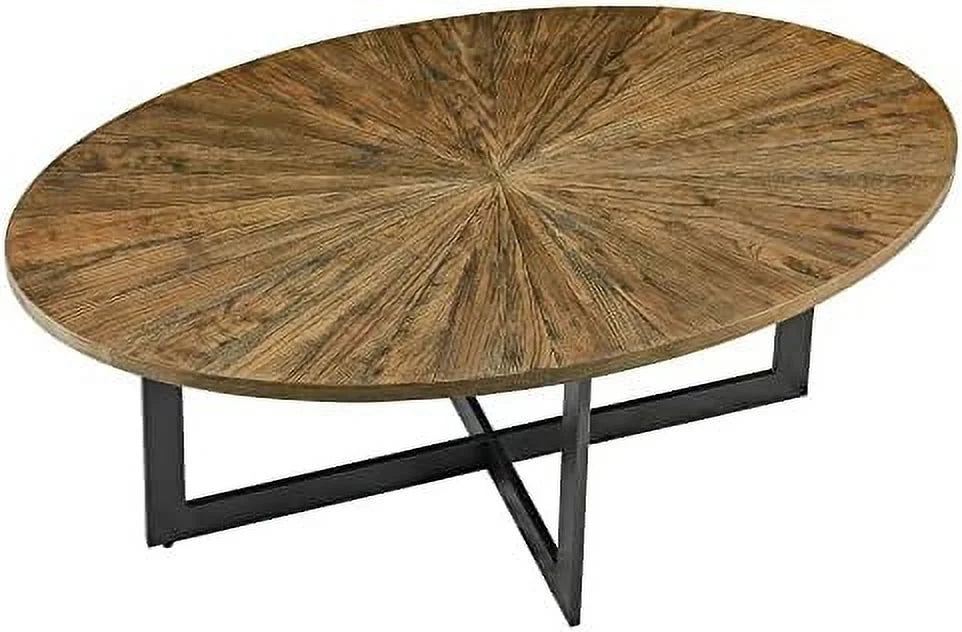 Solid Wood Oval Coffee Table with Cross Metal Legs V11114