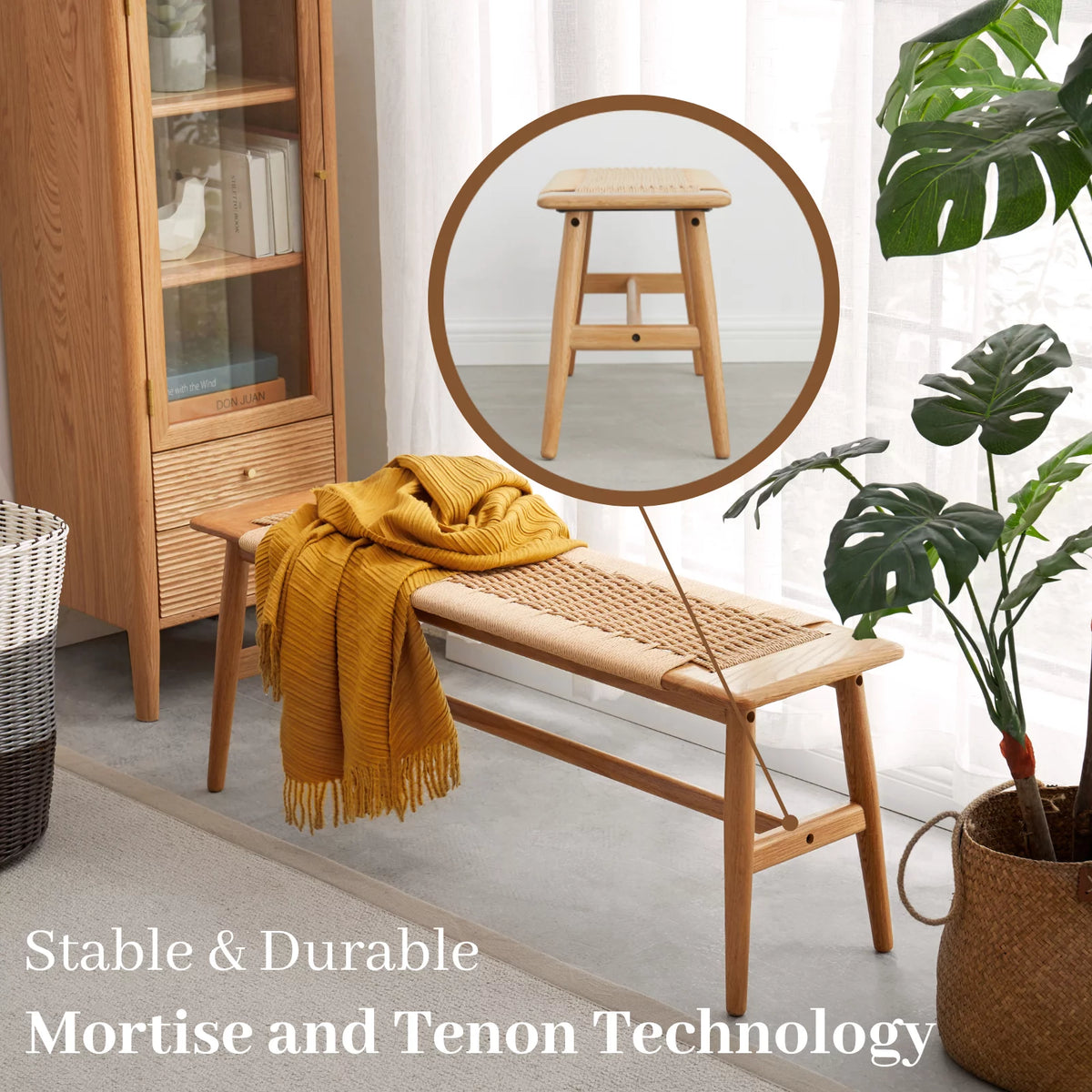32" Oak Solid Wood Rope Woven Bench G840833
