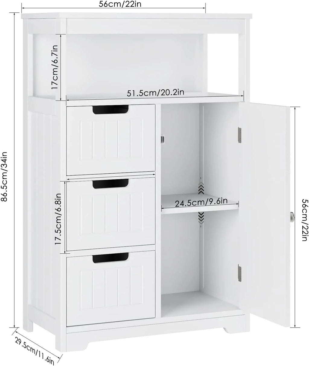 White Free Standing Bathroom Floor Cabinet with 3 Drawers and 1 Door Y620298