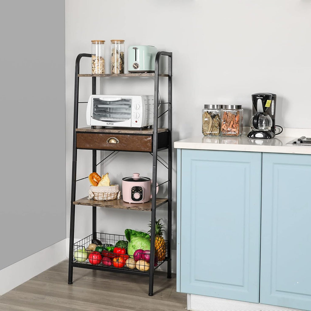 4 Tier Ladder Shelf with Drawer, Iron Frame Bookshelf B8273