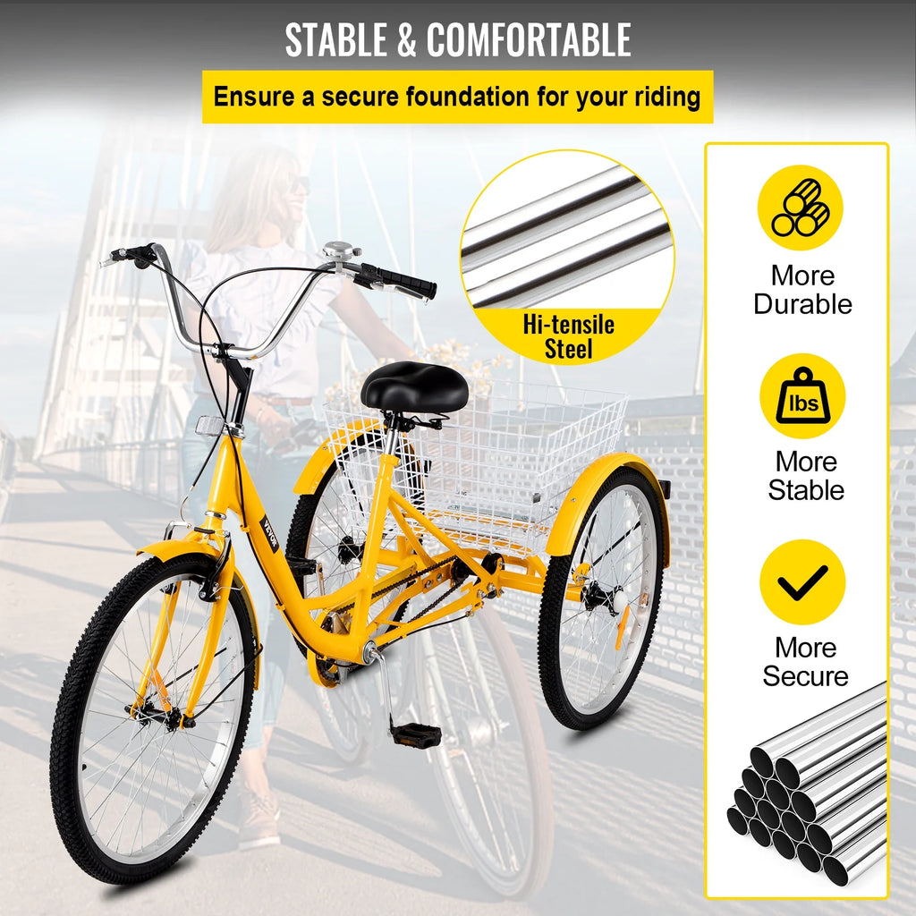 24 inch 1-Speed Yellow Adult Tricycle with Cargo Basket K385224