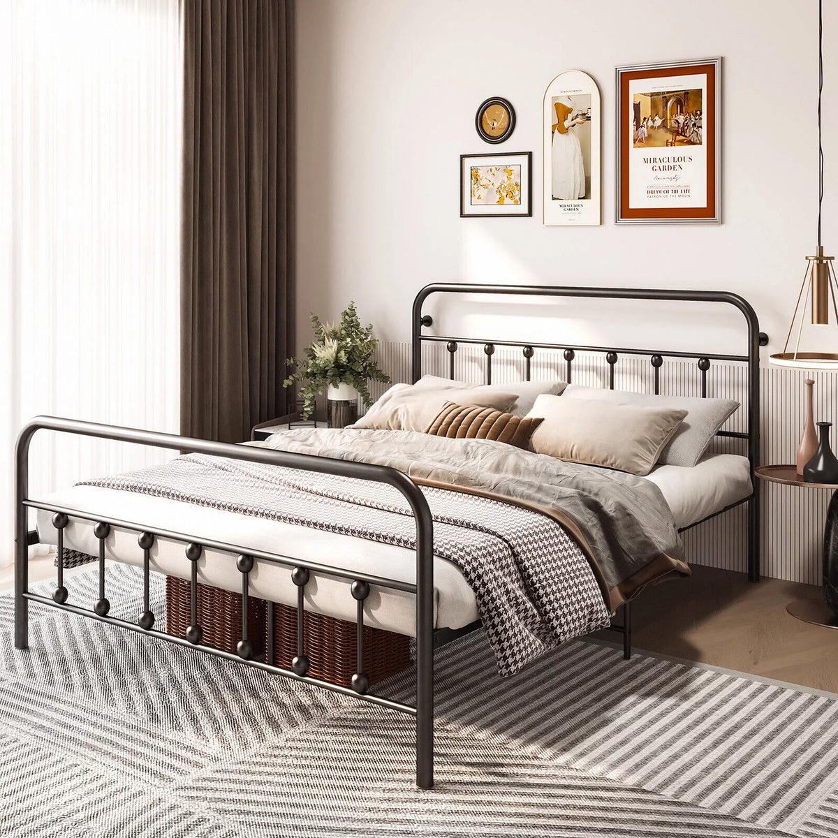 Queen Size Black Metal Bed Frame with Headboard and Footboard T6951