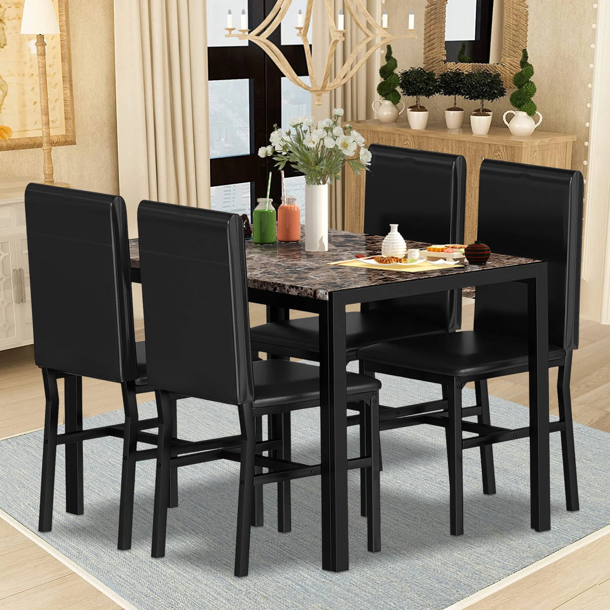 5 Piece Faux Marble Rectangular Dining Table Set with 4 Upholstered Metal Chairs R750408