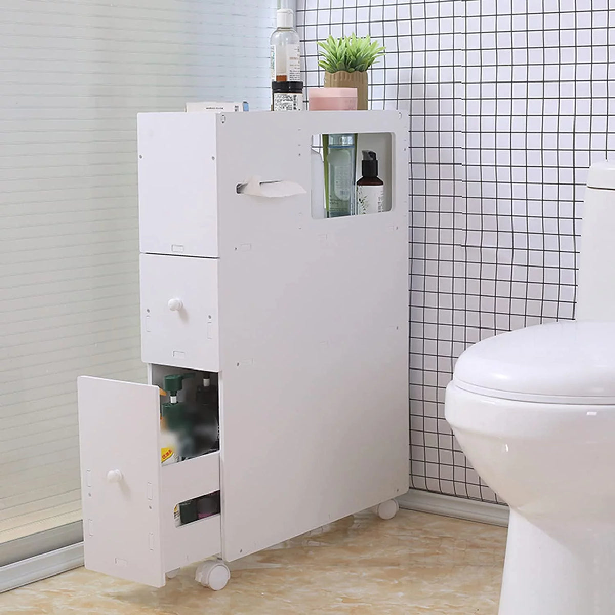 Slim Narrow Bathroom Storage Cabinet with Slide out Drawer I515896