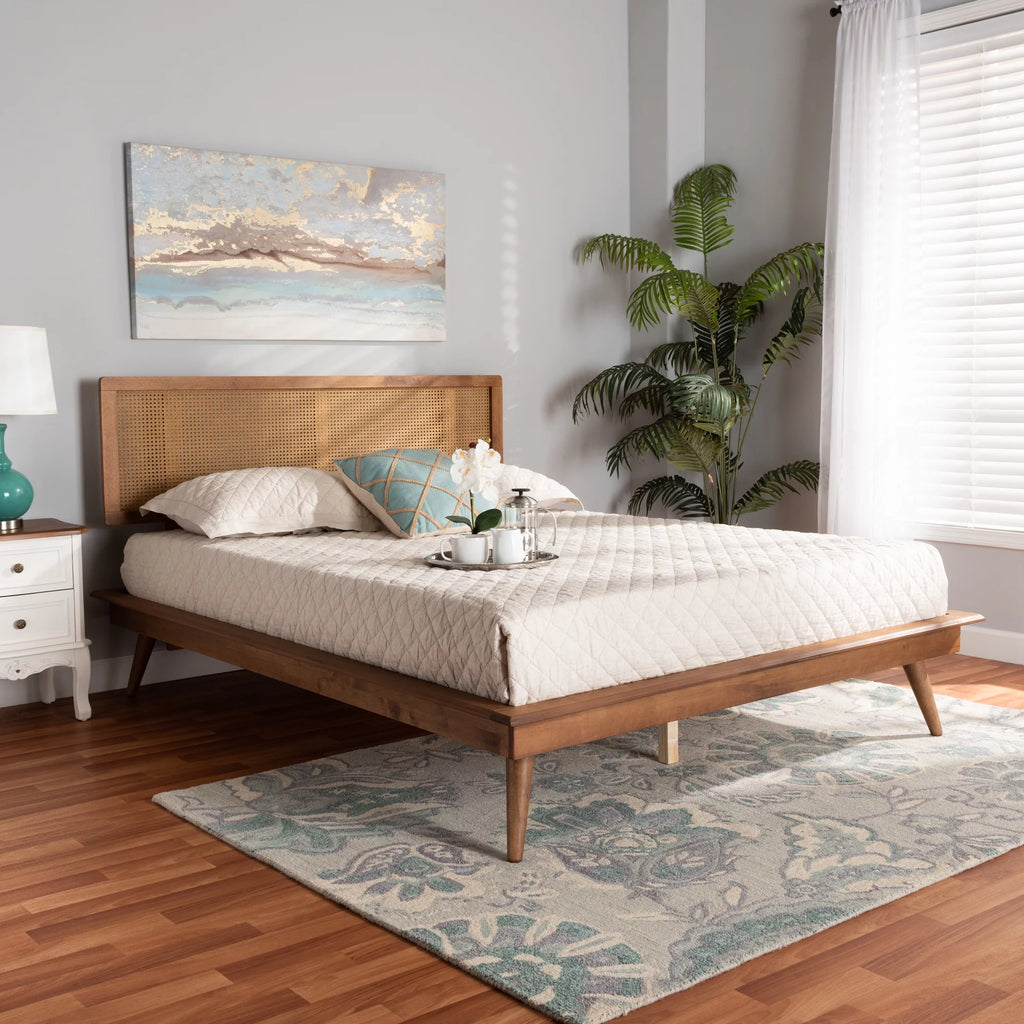 Walnut Brown Wood and Synthetic Rattan Queen Size Platform Bed Q19638