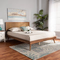 Walnut Brown Wood and Synthetic Rattan Queen Size Platform Bed Q19638