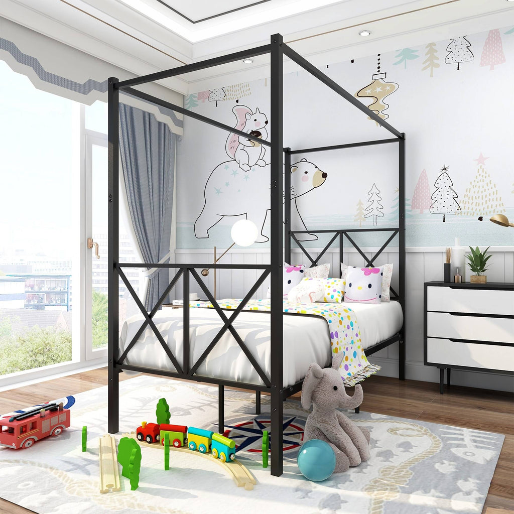 Twin Canopy Bed Frame with X Shaped Frame - Black K33403