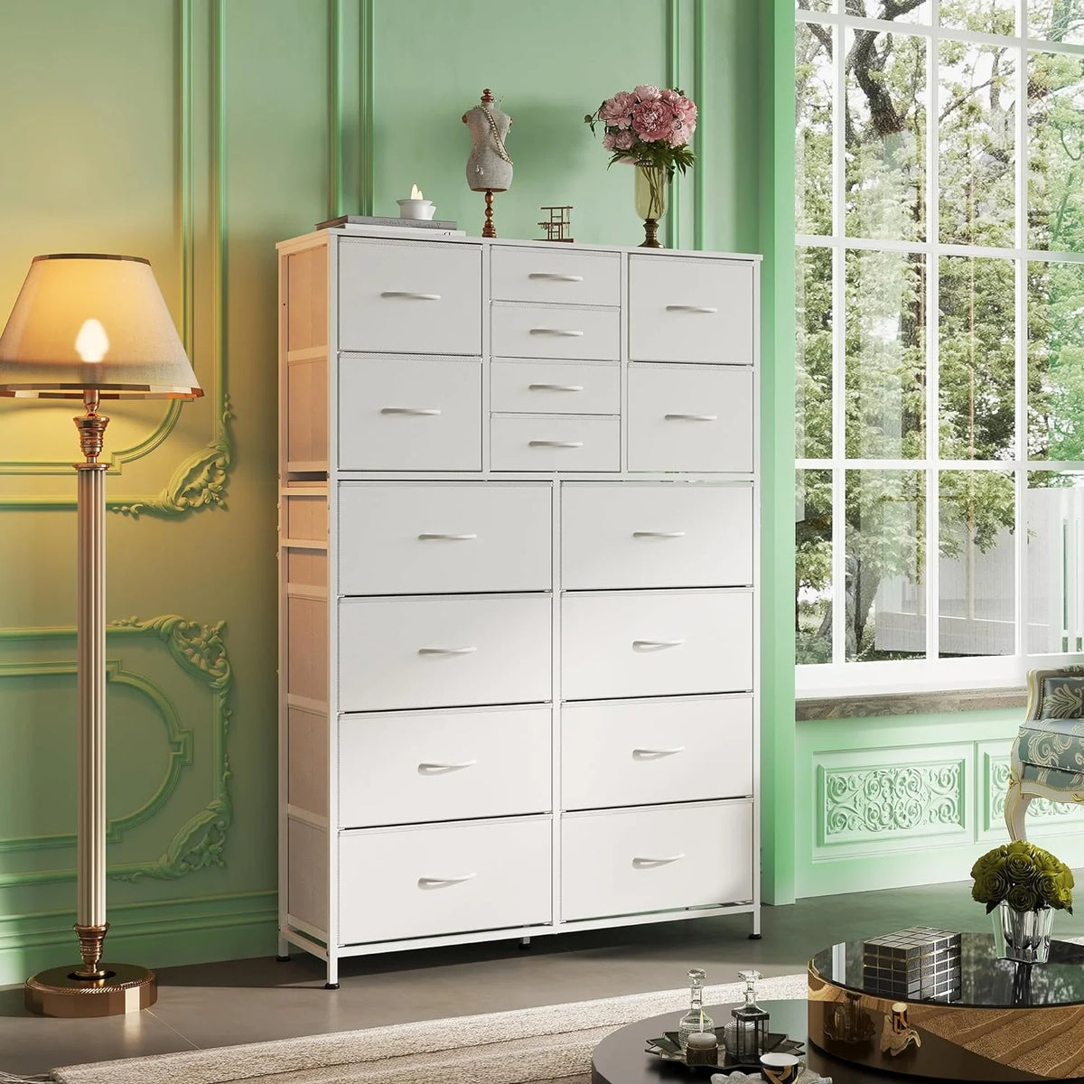 White 16 Drawer Fabric Storage Dresser B82814