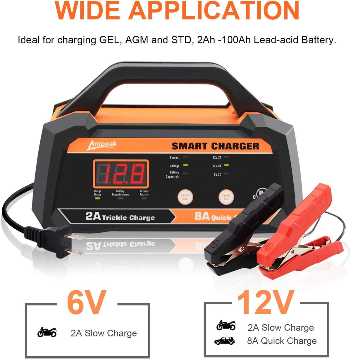 6V 12V Smart Car Battery Charger and Maintainer 2A 8A with Cable Clamps L7799