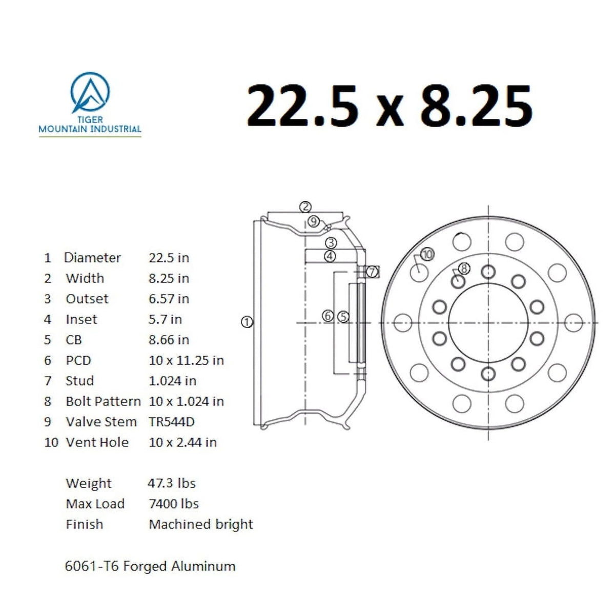 22.5 x 8.25 Forged Aluminum Commercial Truck Wheels K692182