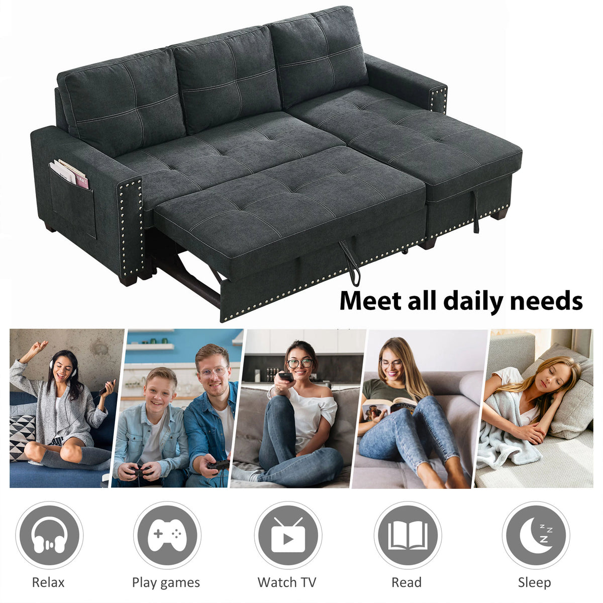 Black Queen Size Sleeper Sofa Bed with Storage Chaise O107647