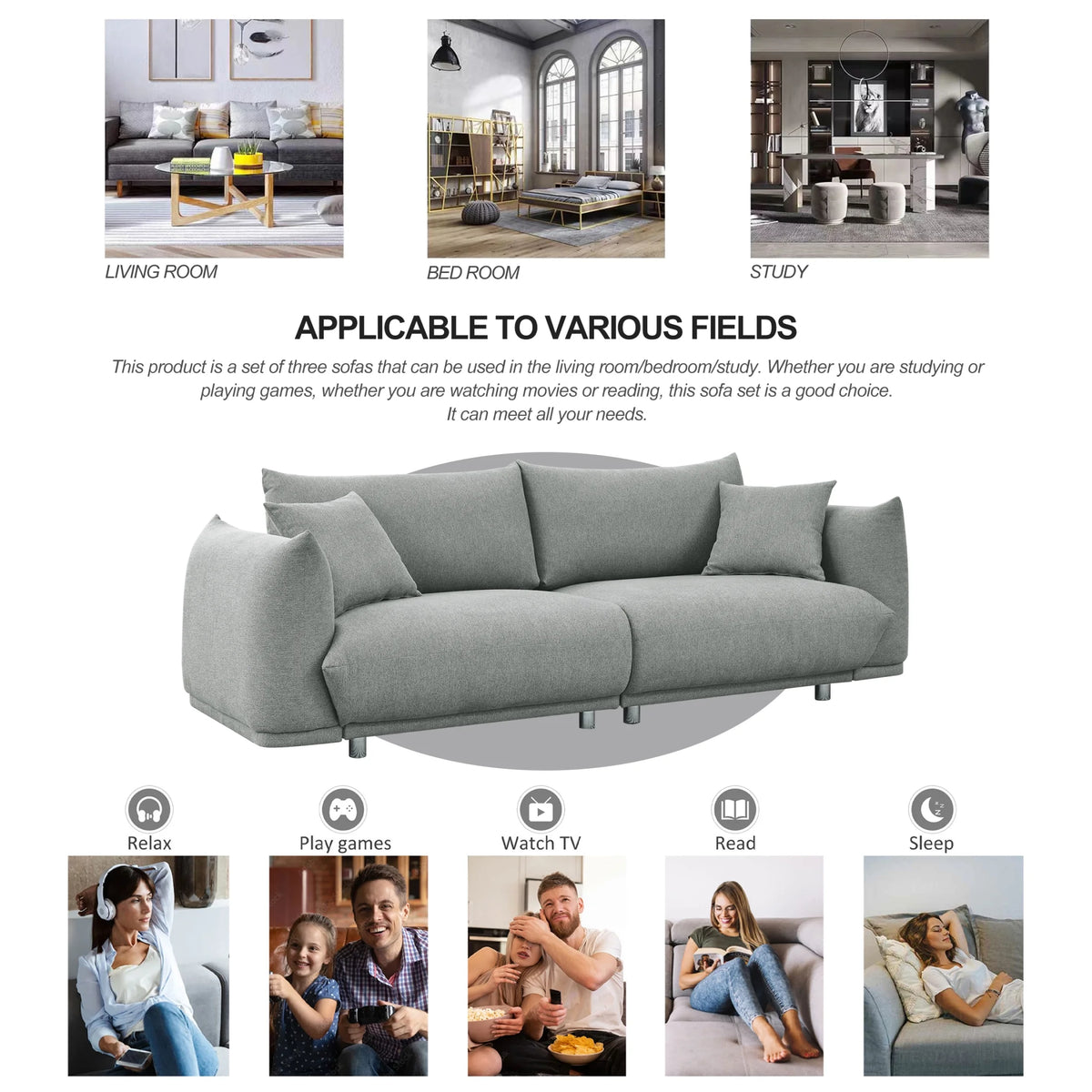 3-seater + 2-seater + 1-seater Combination Sofa with Solid Wood Frame and Metal Legs, 5 Pillows D3089
