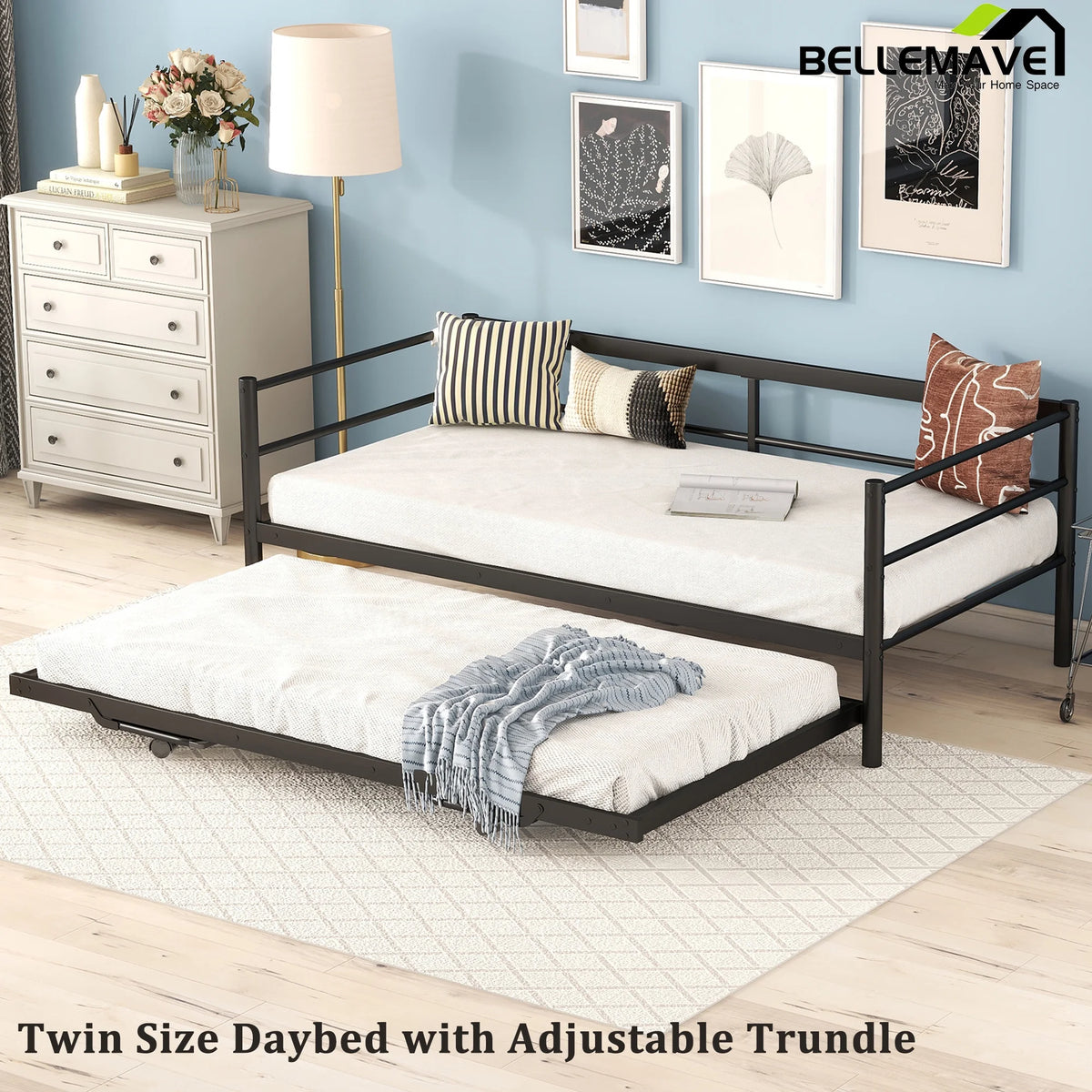Black Twin Size Metal Daybed with Trundle O3344