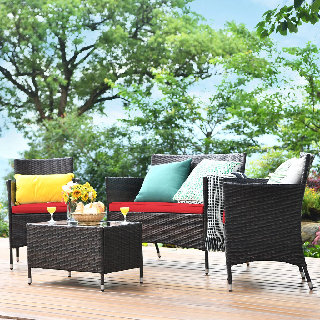 4 Pc Patio Rattan Conversation Furniture Set with Gray Cushion G8496