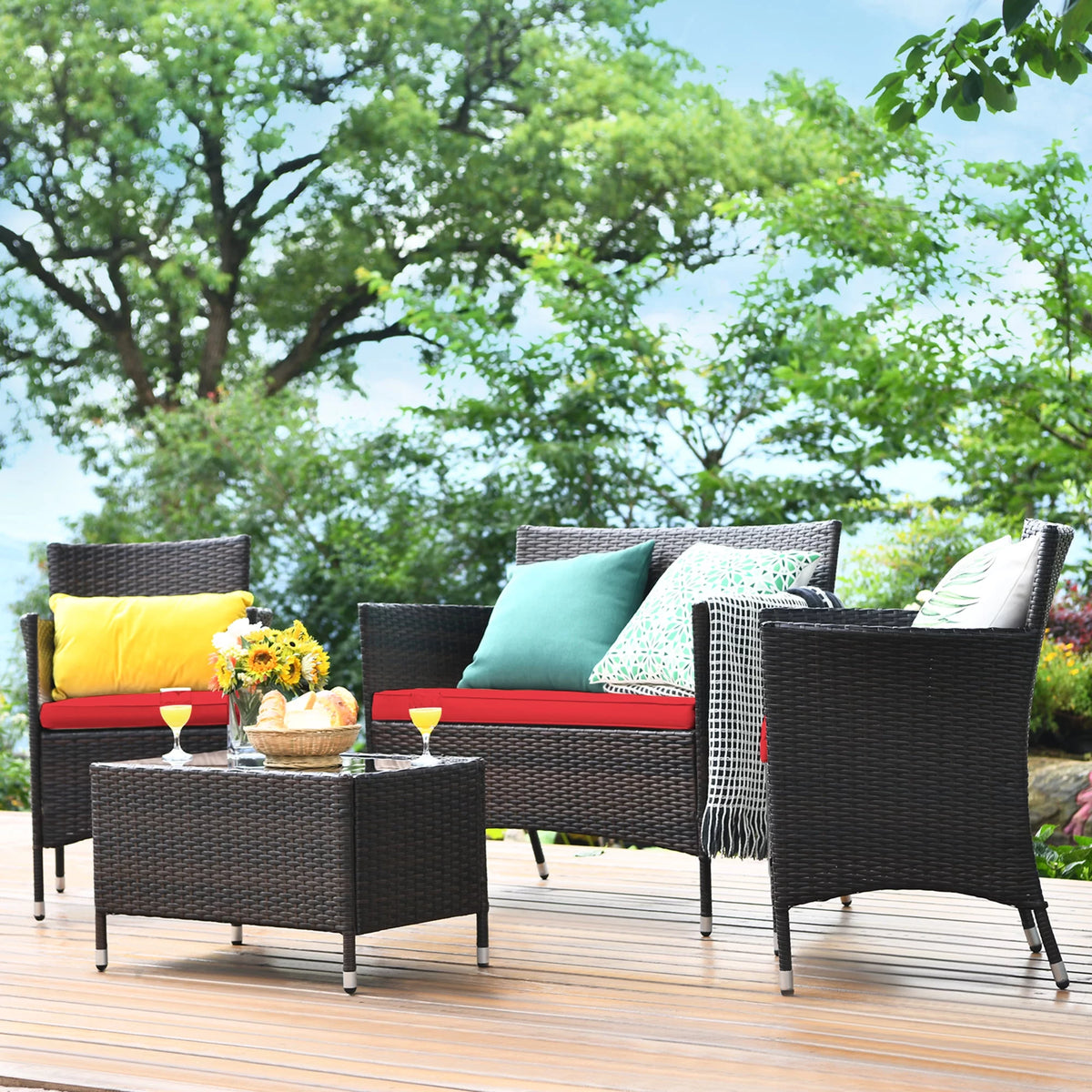 4 Pc Patio Rattan Conversation Furniture Set with Gray Cushion G8496
