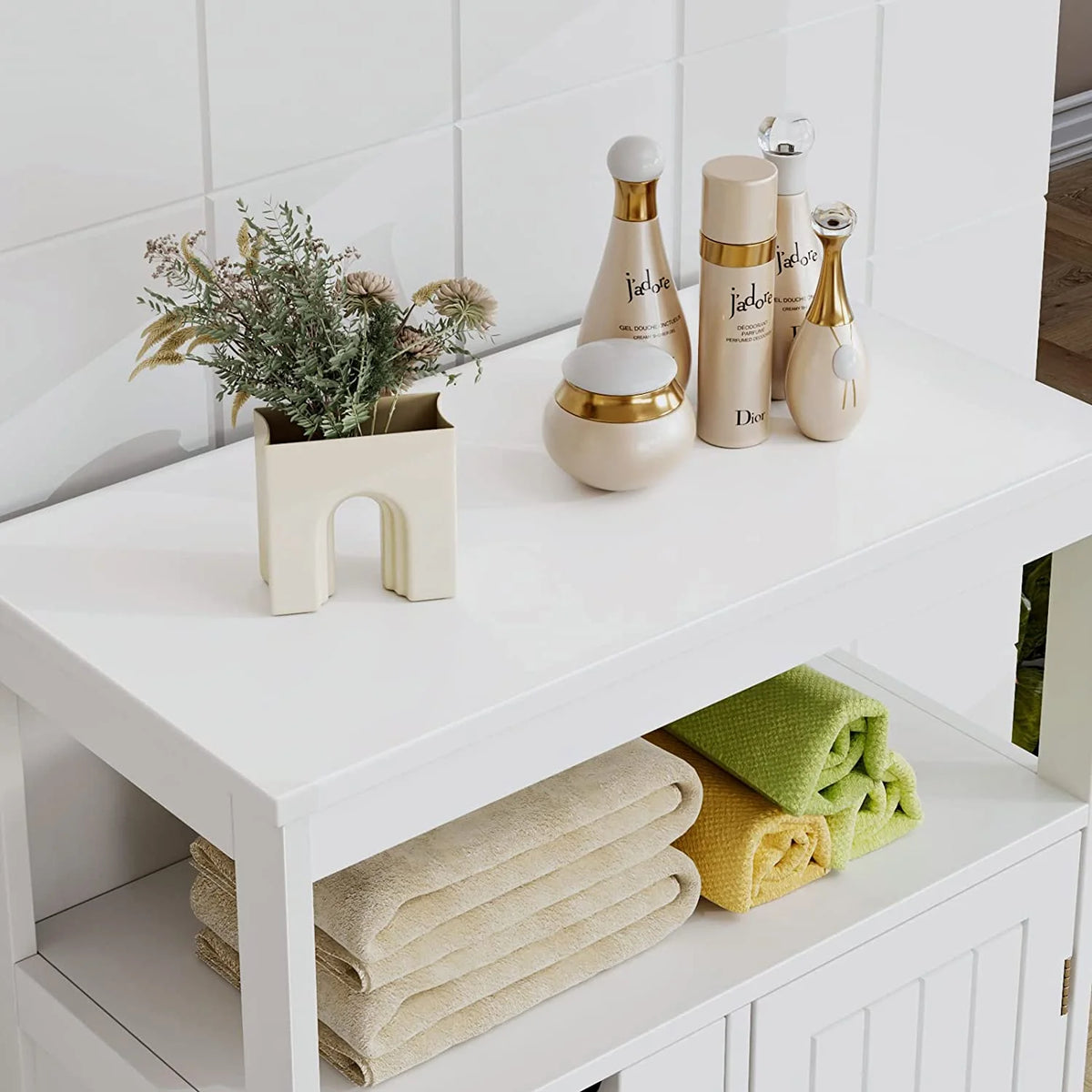 White Free Standing Bathroom Floor Cabinet with 3 Drawers and 1 Door Y620298