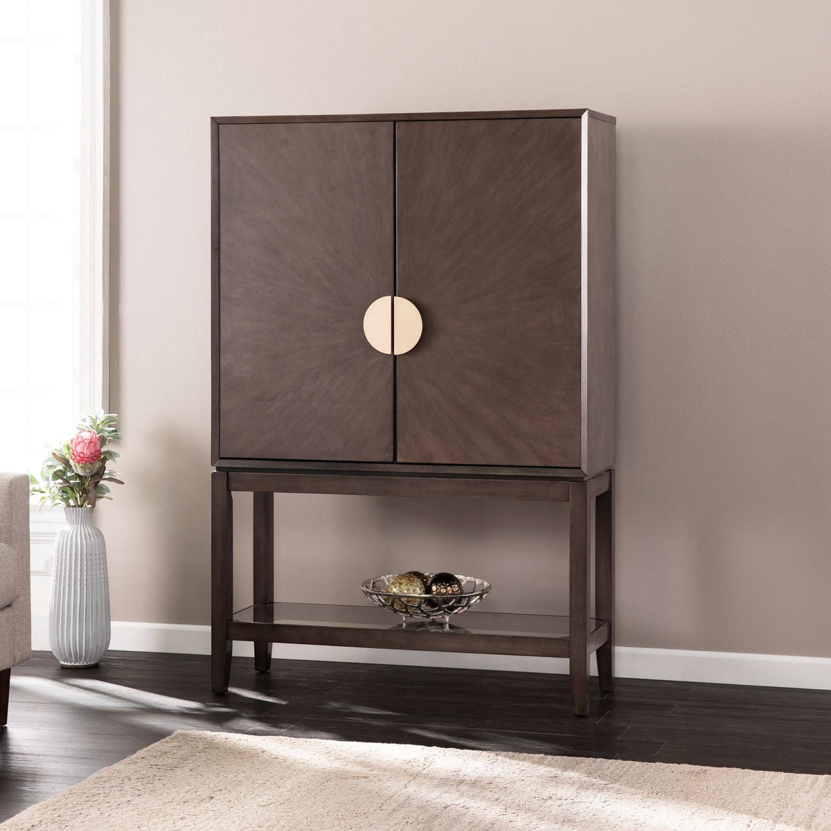 Brown and Beige 2-Door Storage Bar Cabinet D3866