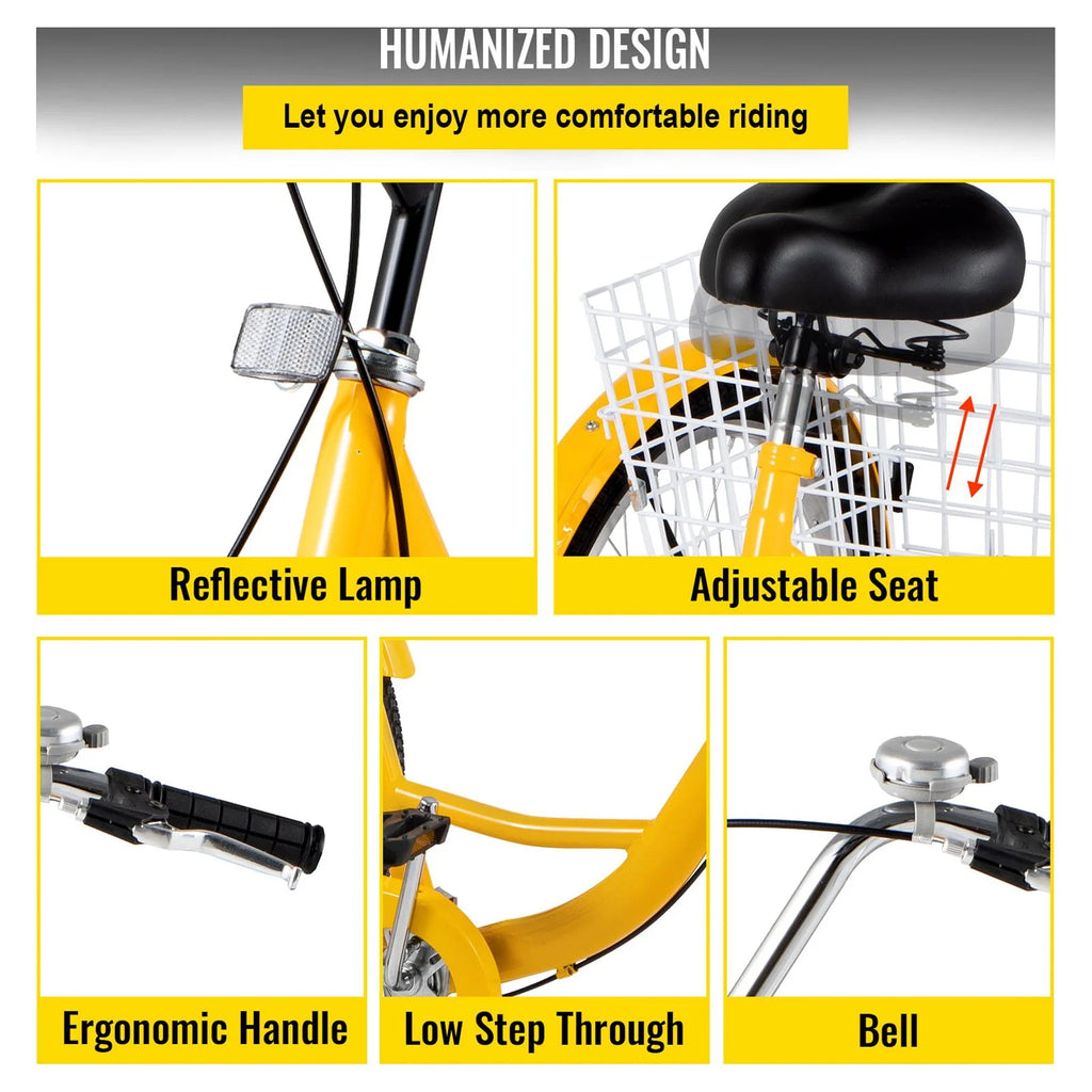 24 inch 1-Speed Yellow Adult Tricycle with Cargo Basket K385224