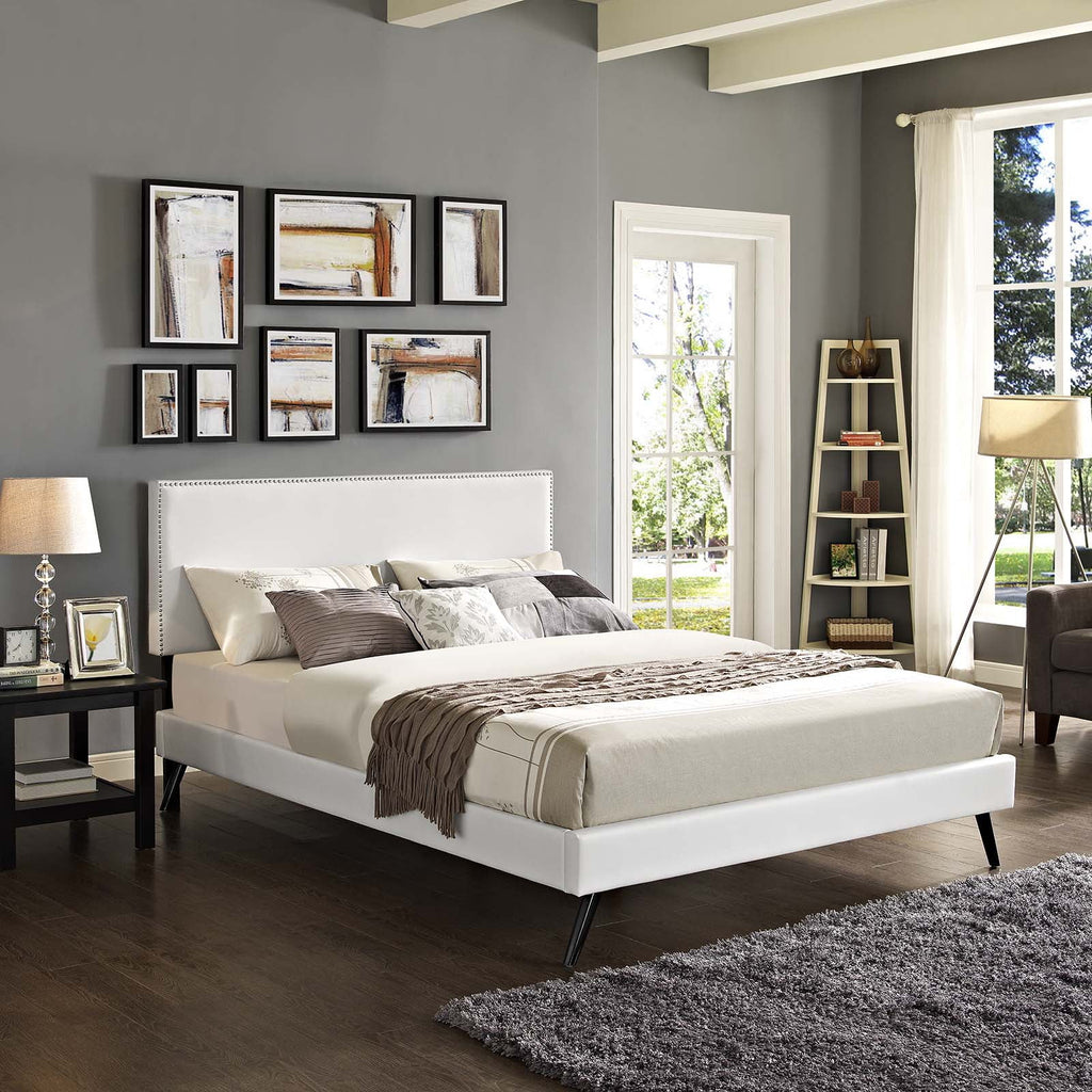 King Vinyl Platform Bed with Round Splayed Legs in White I5296