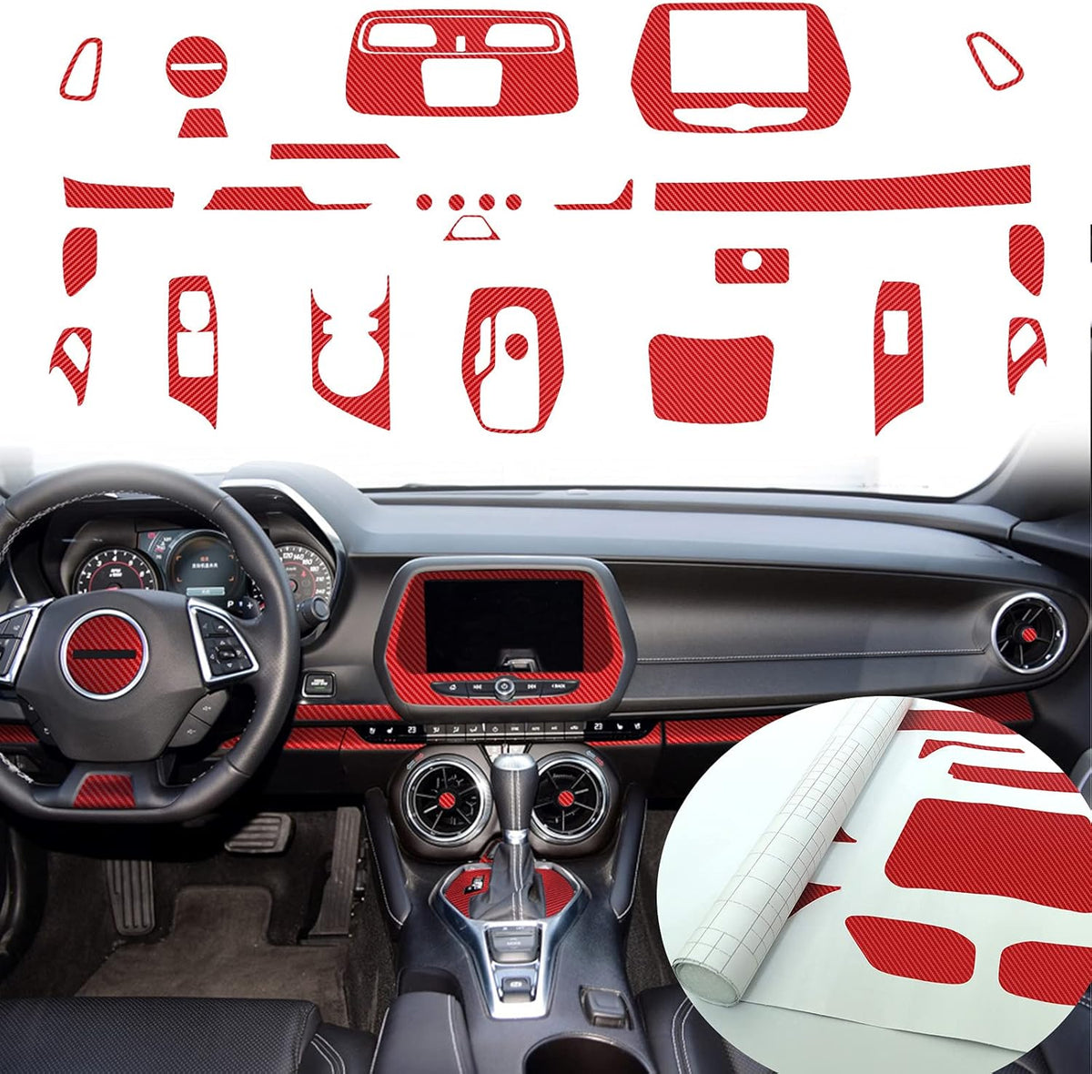 Red 28PCS Carbon Fiber Texture Vinyl Wrap Center Console Dashboard Cover Sticker Q931
