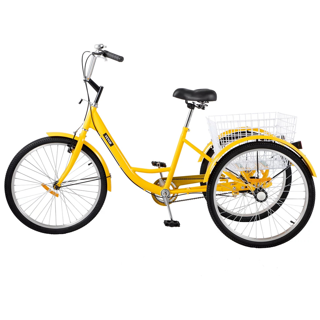 24 inch 1-Speed Yellow Adult Tricycle with Cargo Basket K385224