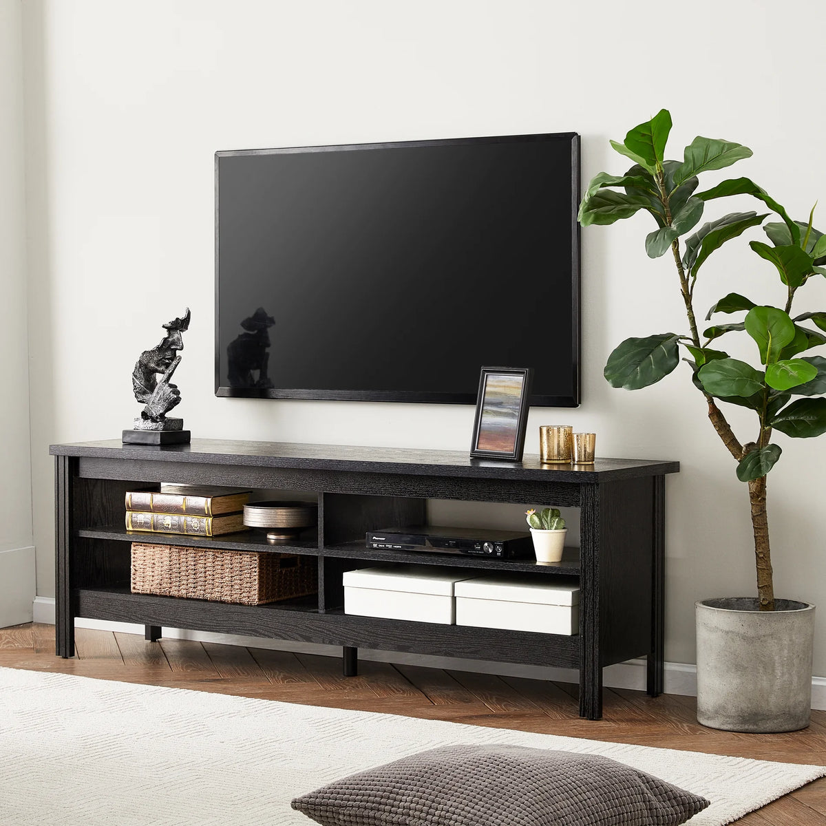 Black Wood TV Stand with 4 Cubby E5123