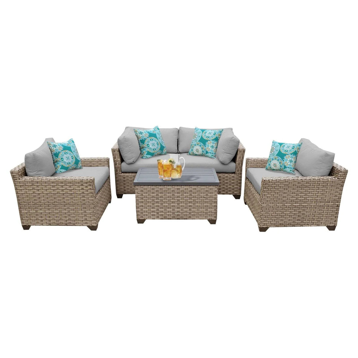 5 Piece Wicker Patio Conversation Set with Club Chair and Cushion Covers E14095
