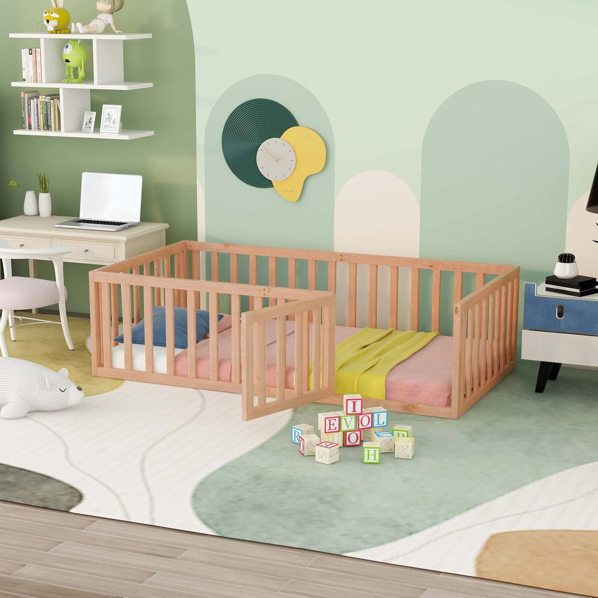 Wood Floor Bed Frame with Fence and Door Queen Size G9094