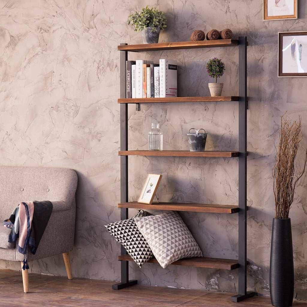 5-Shelf Industrial Metal and Solid Pine Wood Bookcase Dark Brown V6298