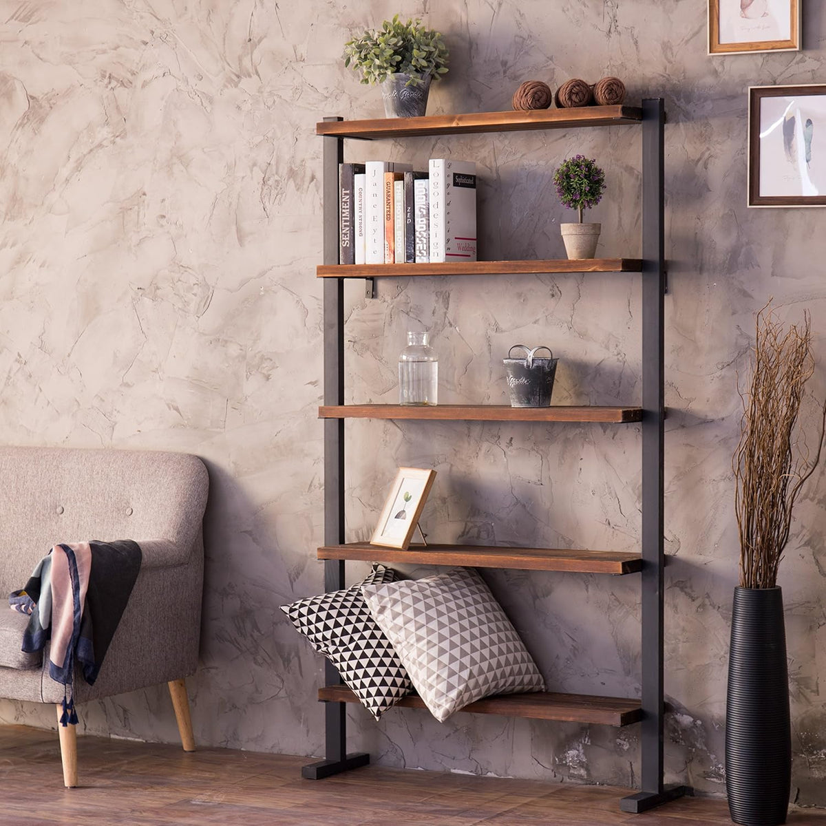 5-Shelf Industrial Metal and Solid Pine Wood Bookcase Dark Brown V6298