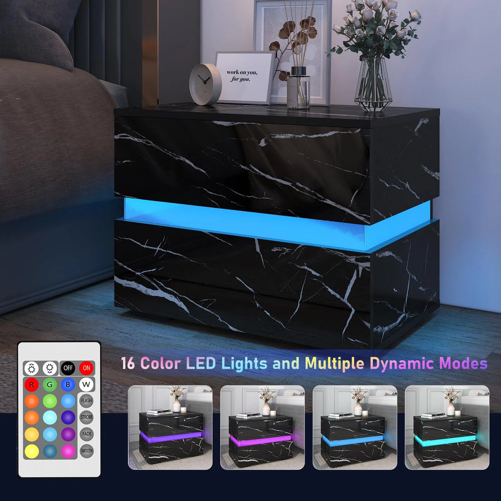 Black High Gloss LED Nightstand Set of 2 with 2 Drawers A275
