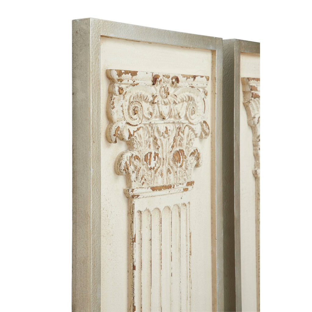 Large Rectangular Distressed Antique White Wood Wall Decor with Carved Greek Columns, Set of 2 Y664536